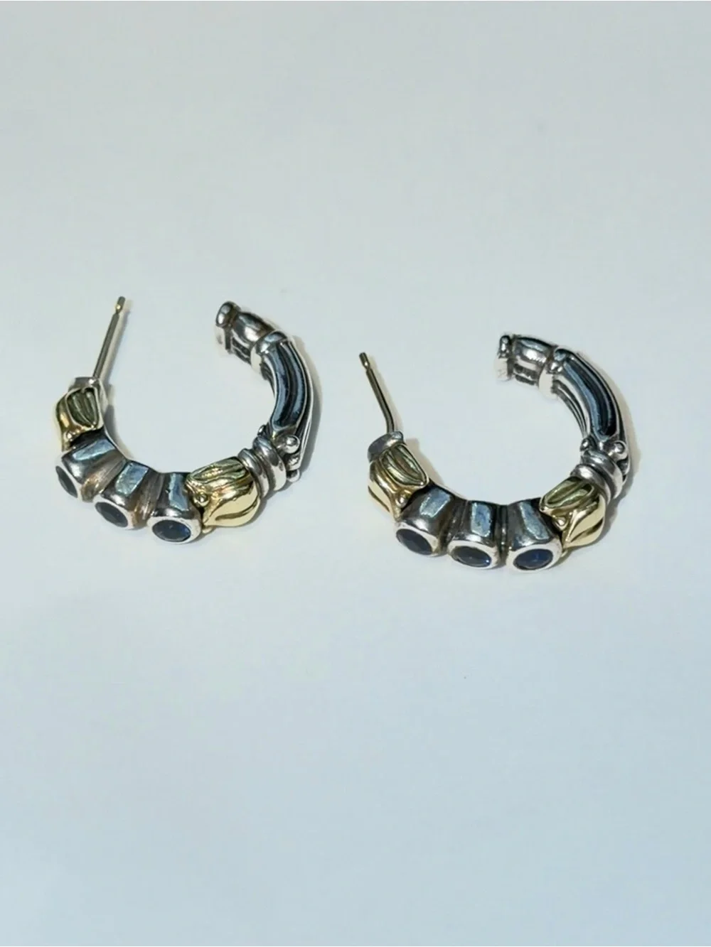 Lagos 18K Gold Silver 925 Blue Topaz Hoop Earrings - Picture 3 of 7